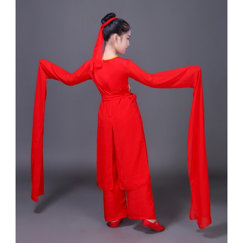 Girls chinese folk dance costumes kids red water sleeves umbrella fan dance ancient traditional classical dance fairy stage performance dresses